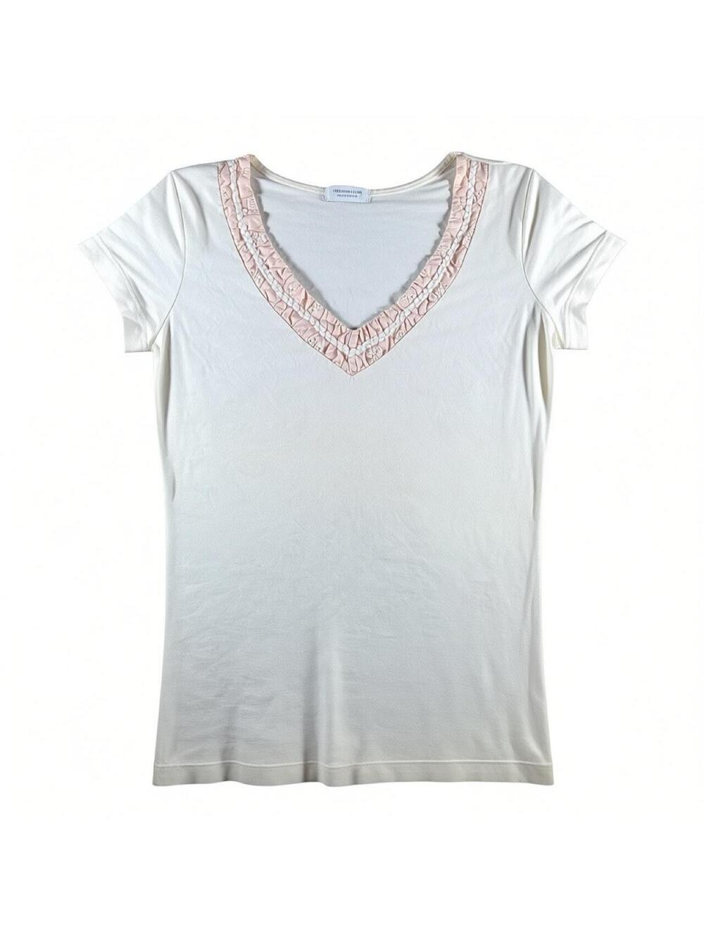 Ivory Pink Ruffle V Neck Top
